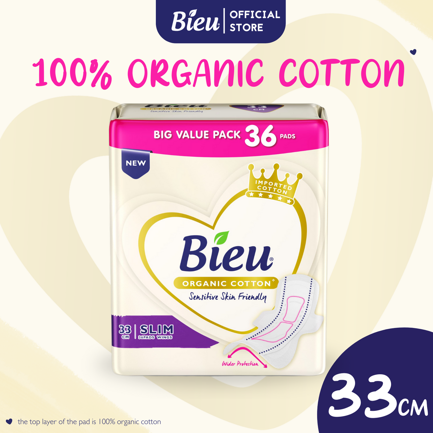 Bieu Organic Cotton Slim Wing(33cm/36 pcs) - Heavy Flow