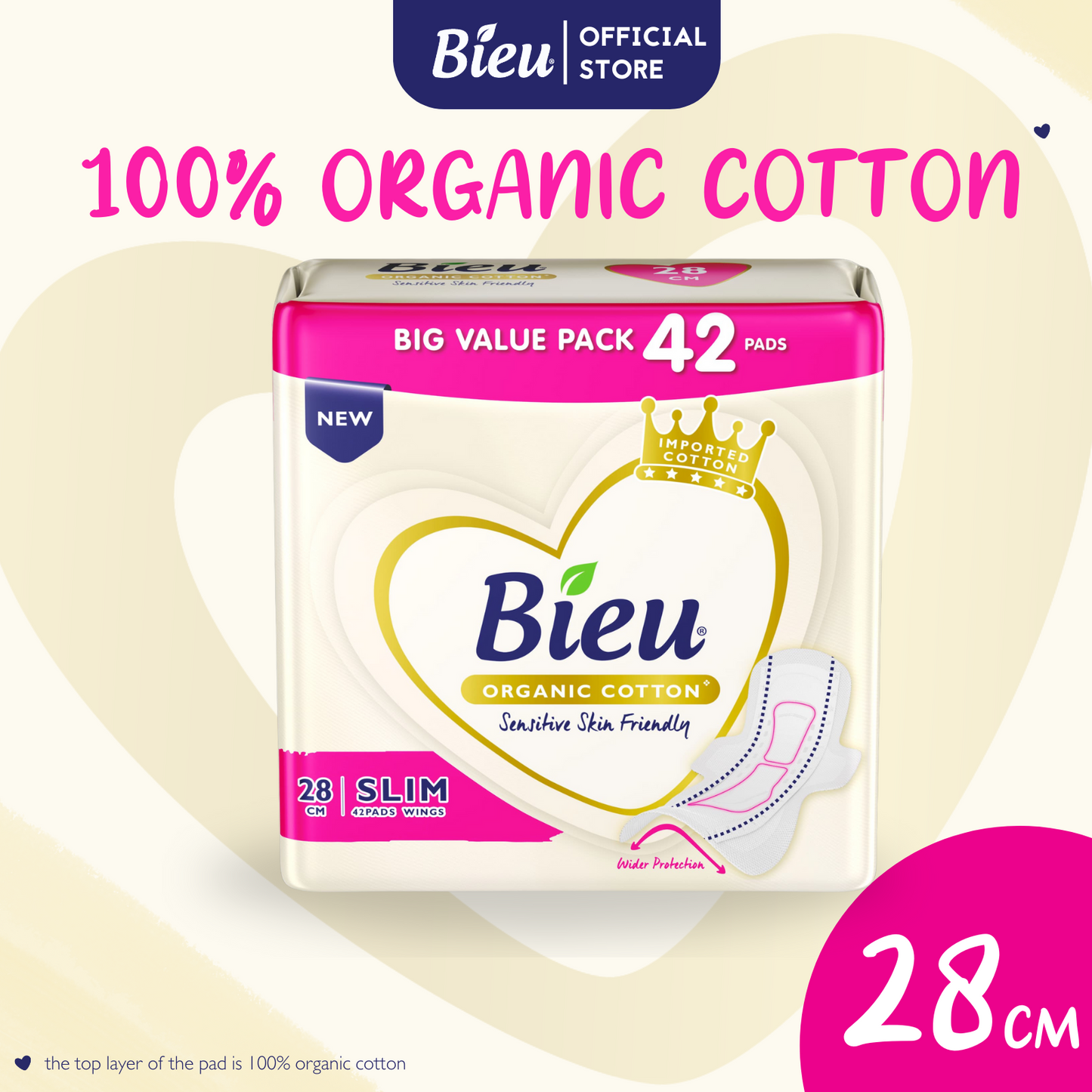 Bieu Organic Cotton Slim Wing (28cm/42's)-  Regular Flow