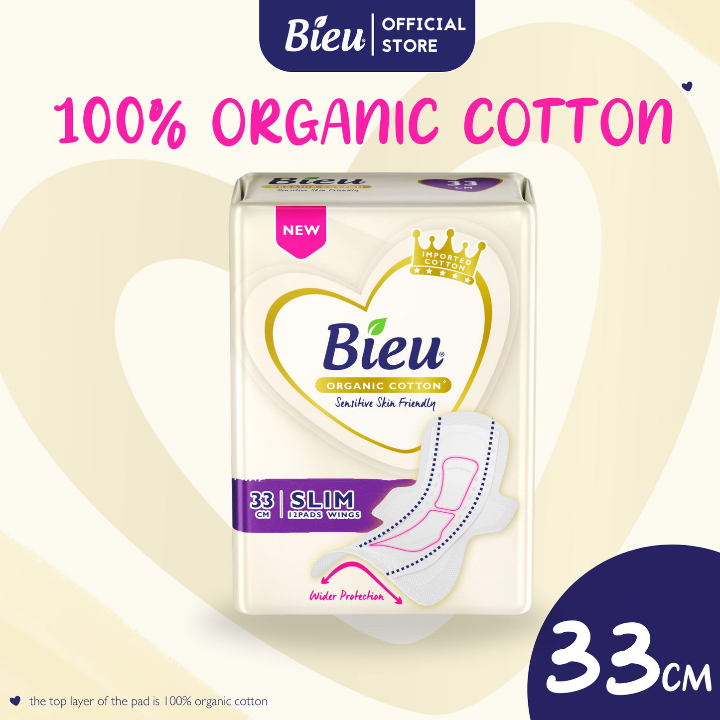 Bieu Organic Cotton Slim Wing (33cm/12's) - Heavy Flow